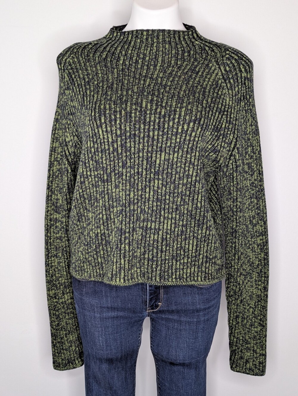 Lululemon Green Black Mock Neck Long Sleeve Cotton Wool Cashmere Blend Sweater 8